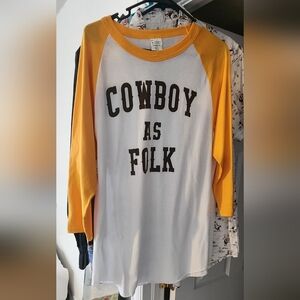 Mens Large Retro "Cowboy As Folk" 3/4 Raglan Large Yellow/White Cowboy Vintage